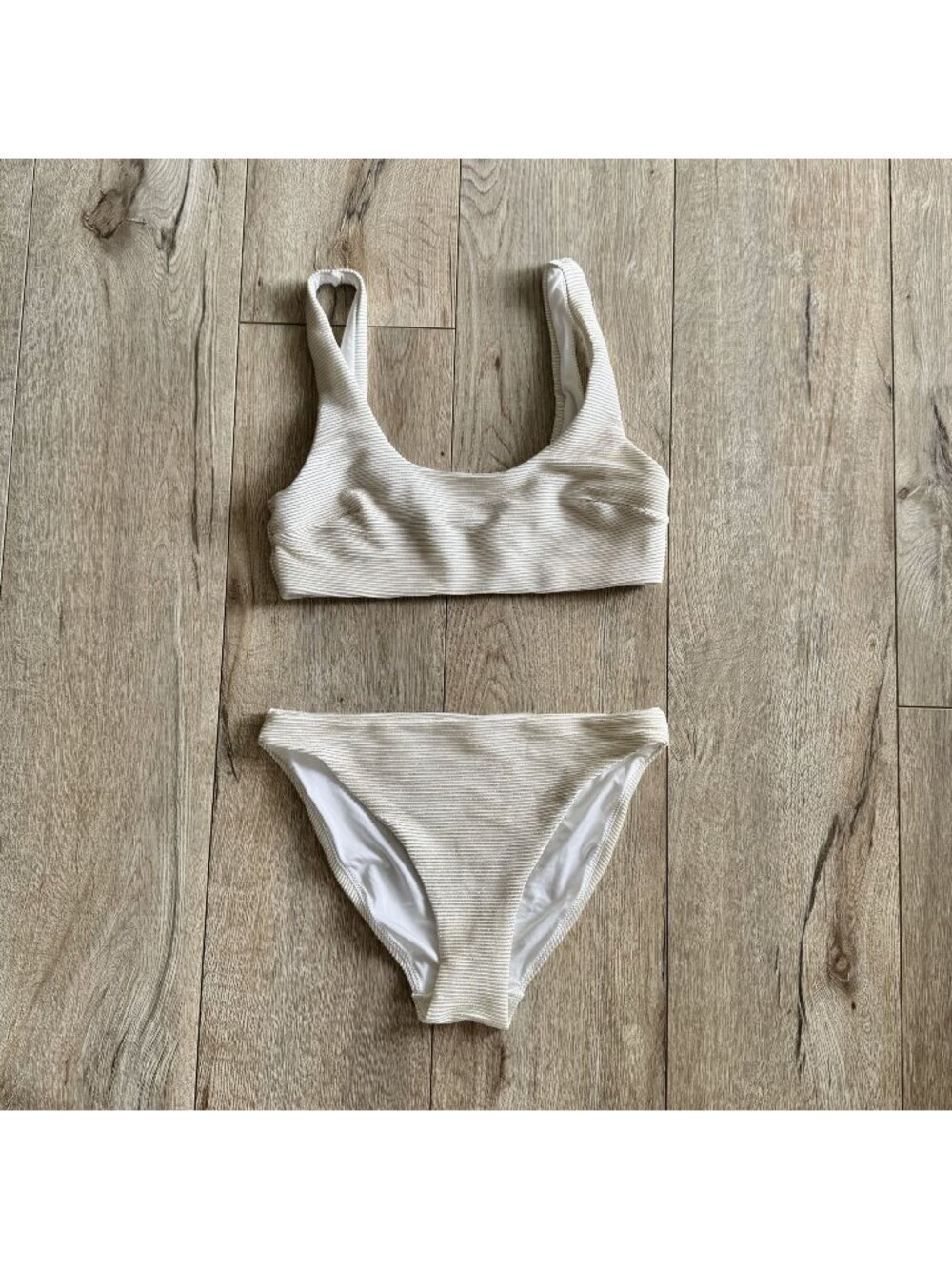 H & M Stripped Ribbed‎ Ivory Metallic Gold Tank Bikini Set Size Medium NWOT